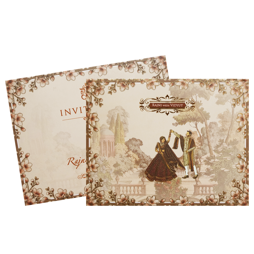 Cream Garden Couple Floral Padded Wedding Card - KVN07290