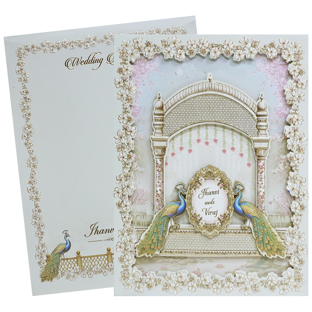 White Gold Lasercut Peacock Palace Padded Wedding Card-KMMEX8150