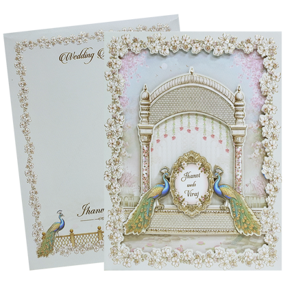 White Gold Lasercut Peacock Palace Padded Wedding Card-KMMEX8150