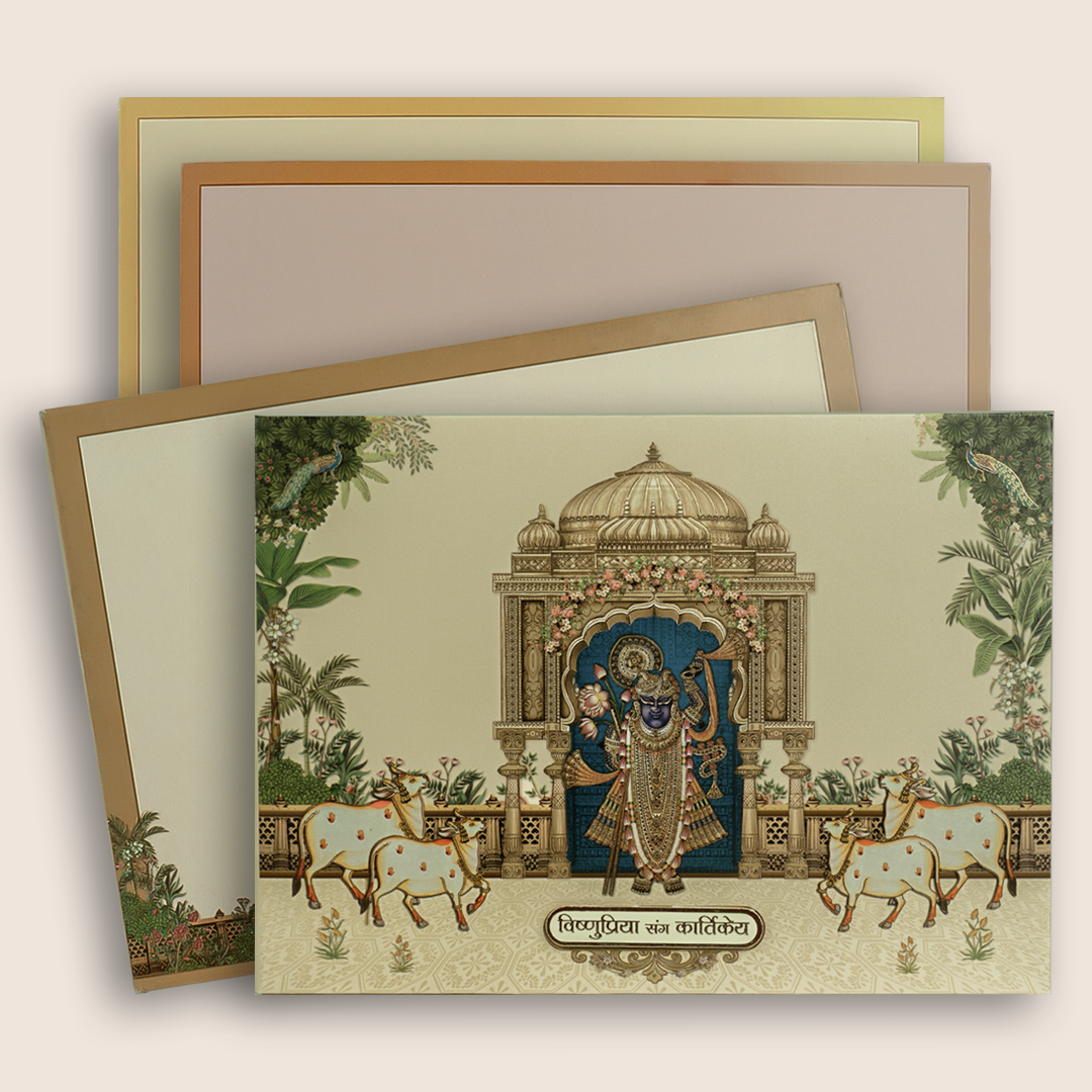 Beige Lord Shrinathji Floral Padded Wedding Card - KAA06140