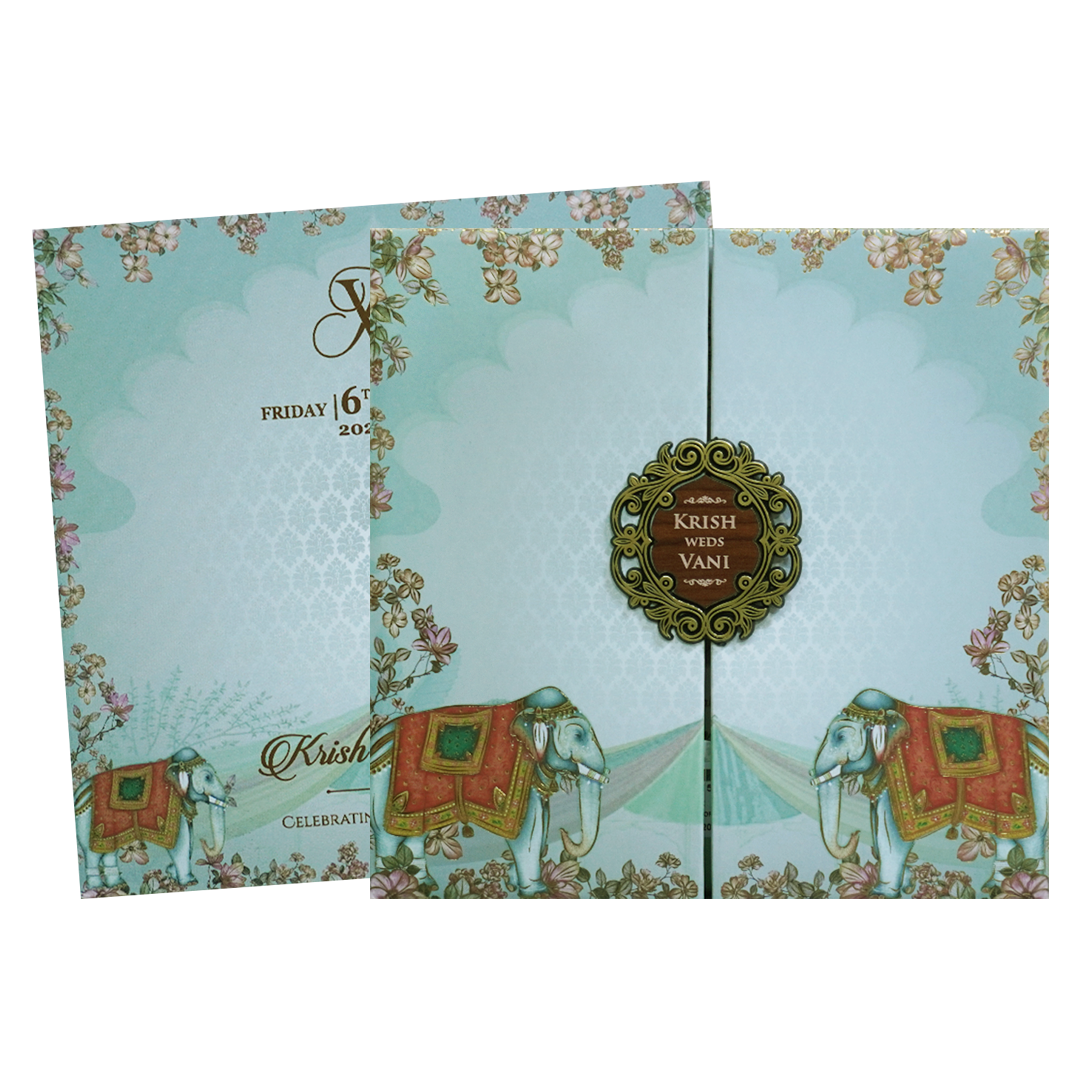 Pastel Blue Elephant Door Padded Wedding Card - KVN07540