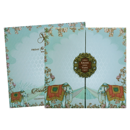 Pastel Blue Elephant Door Padded Wedding Card - KVN07540