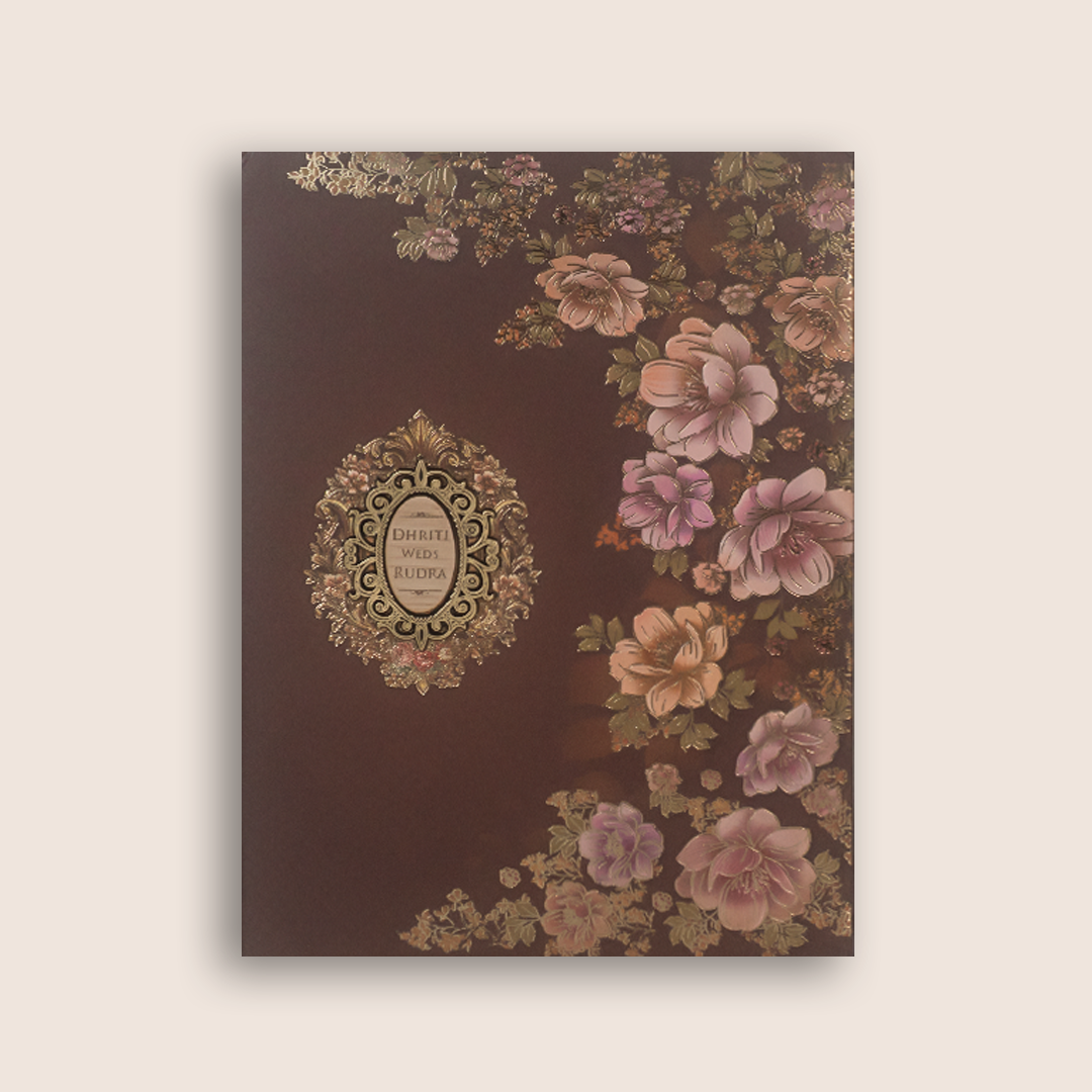 Brown Floral Padded Wedding Invitation Card - KSH18570