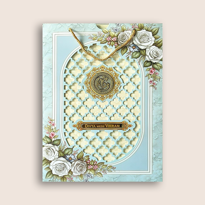 Pastel Blue Laser-Cut Floral Bag Style Wedding Card - KNAS3105