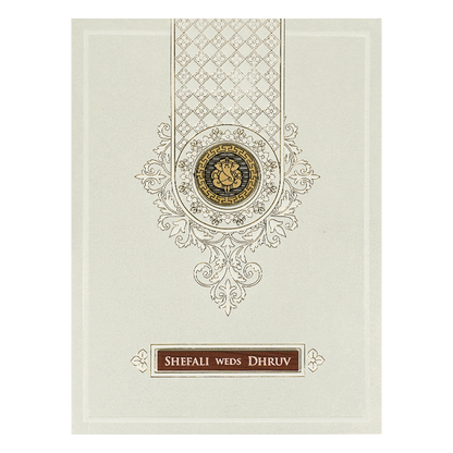 White Monogram Ganesha Embossed Wedding card-KRE28440
