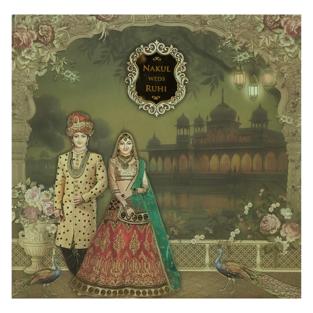 Green Royal Couple Palace Padded Wedding card-KRE27910