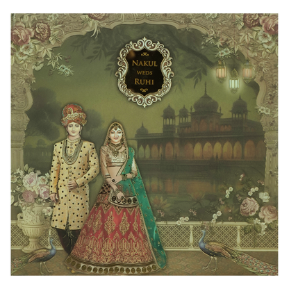 Green Royal Couple Palace Padded Wedding card-KRE27910