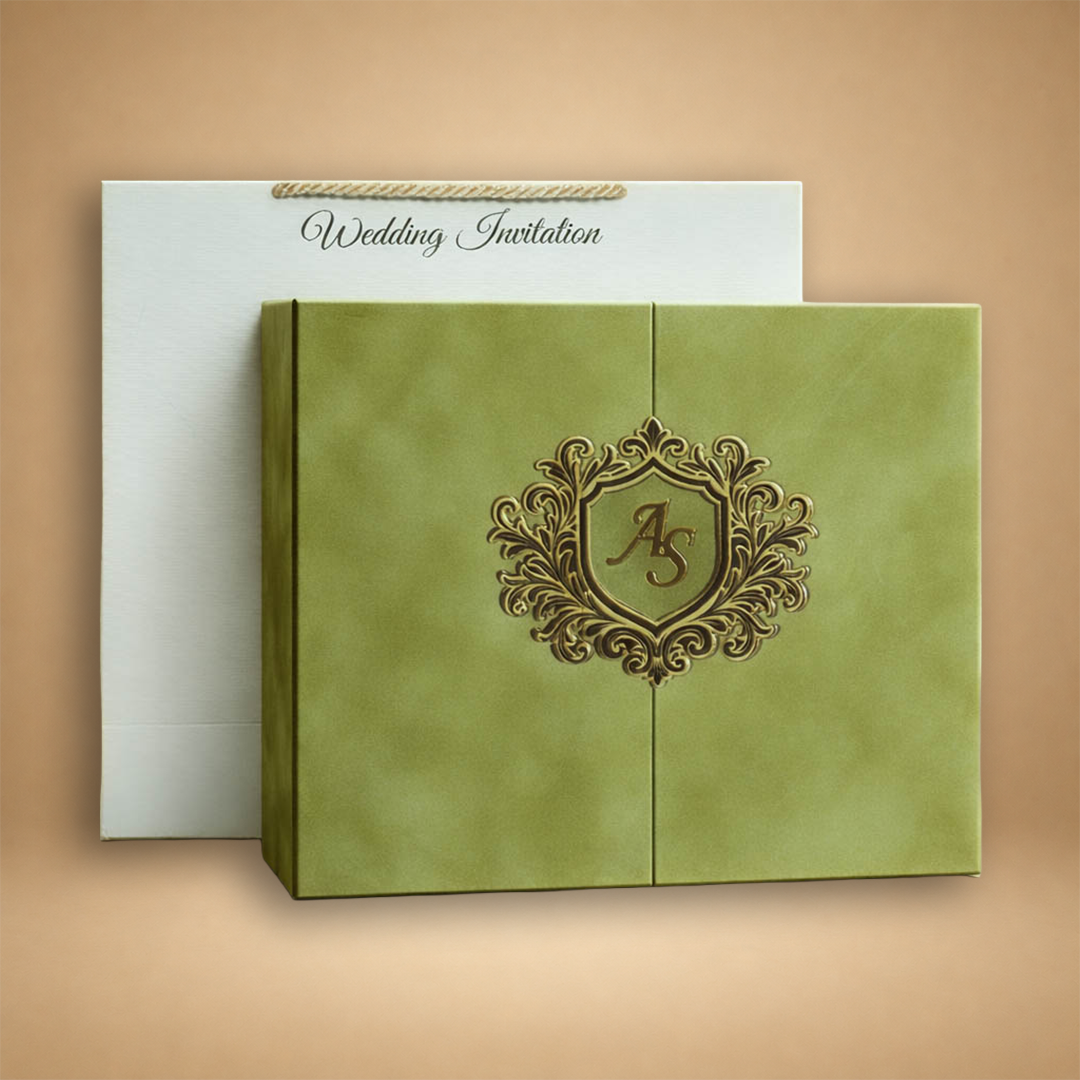 Green Emblem Wedding Invitation Box-KMMEX8390