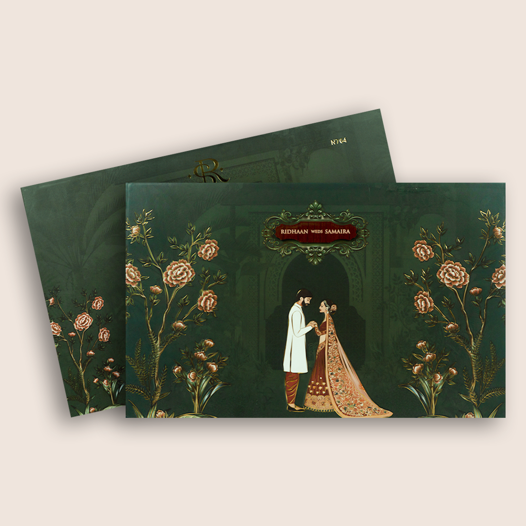 Green Embossed Bride Groom Marriage Invitation - KVN07640