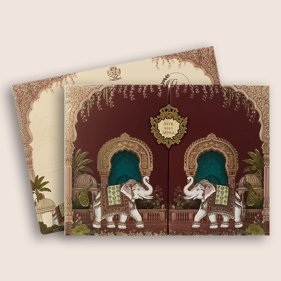Maroon Padded  Door Style Wedding Invitation - KSH18970