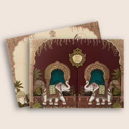 Maroon Padded  Door Style Wedding Invitation - KSH18970