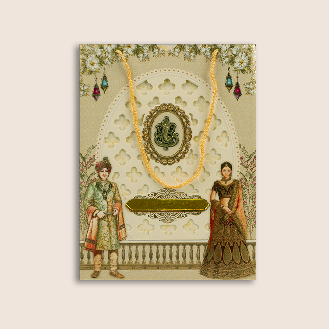 Beige Bride Groom Laser Cut Bag Style Invitation Card - KJTS1840
