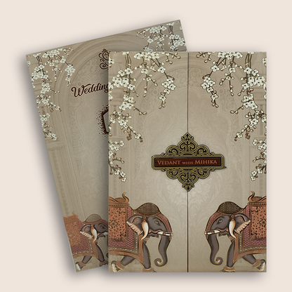 Pale Brown Royal Elephant Padded Door Style Wedding Card - KVN07050