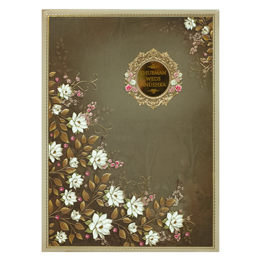 Brown White Lotus Padded Wedding Card-KRB09290
