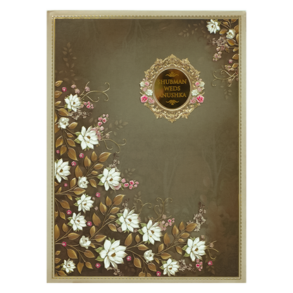 Brown White Lotus Padded Wedding Card-KRB09290