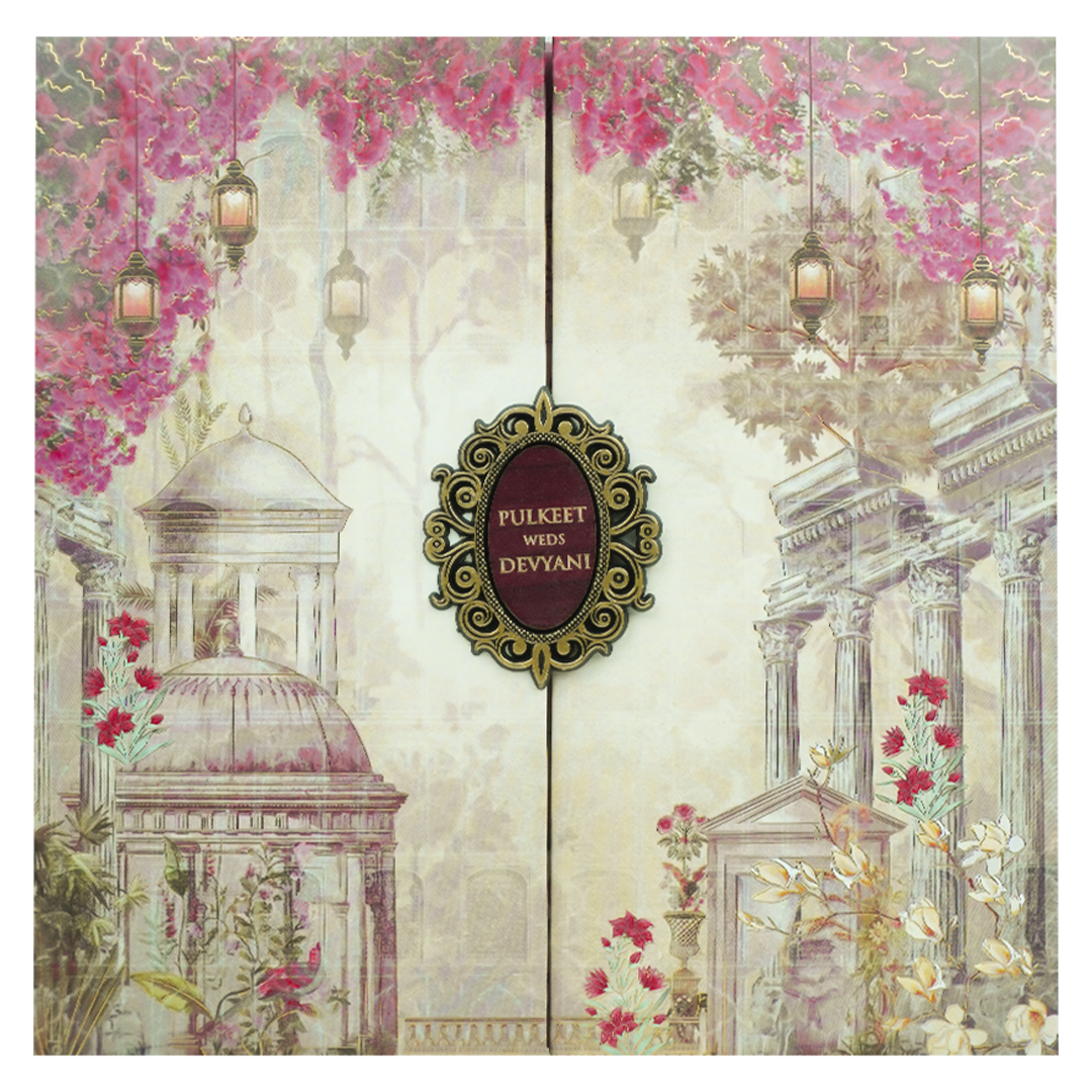 Grey Pink Floral Gatefold Padded Wedding Card-KJTS1727