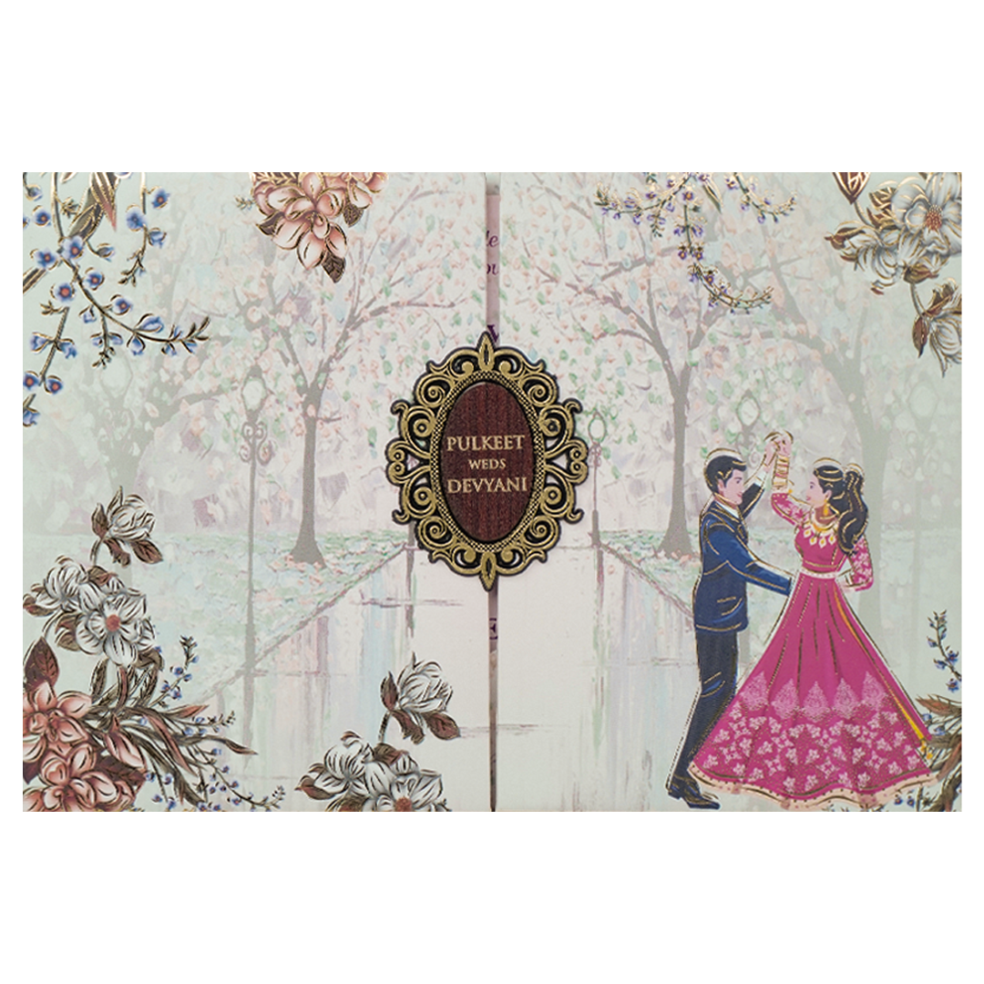 Grey Couple Dance Floral Padded Wedding Card-KJTS1752