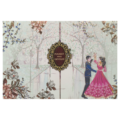 Grey Couple Dance Floral Padded Wedding Card-KJTS1752