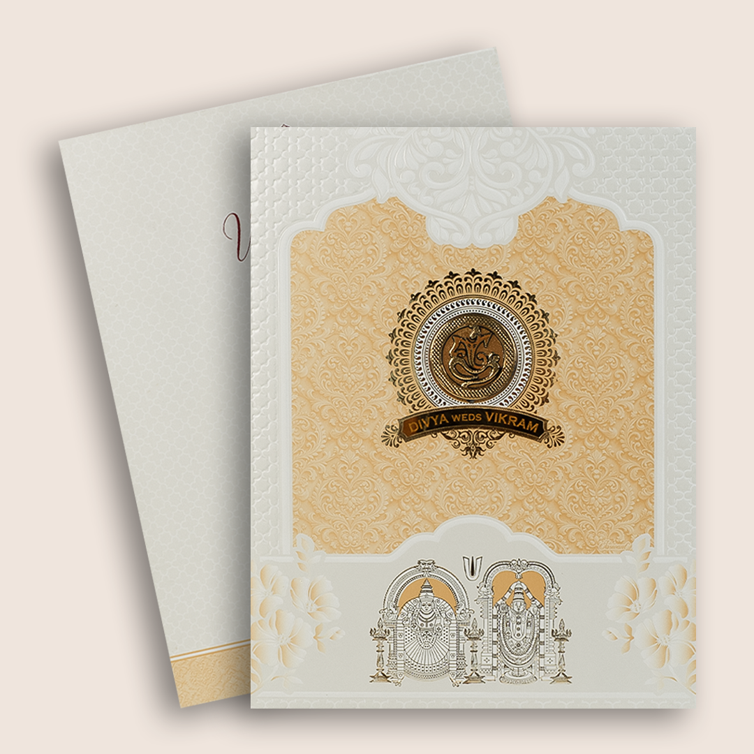 Yellow Embossed Balaji Padmavathi Padded Wedding Card - KNMS9310