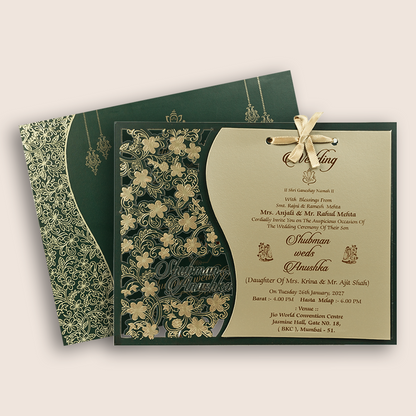Dark Green Floral MDF Laser Cut Wedding Invitation Card - KRB08082