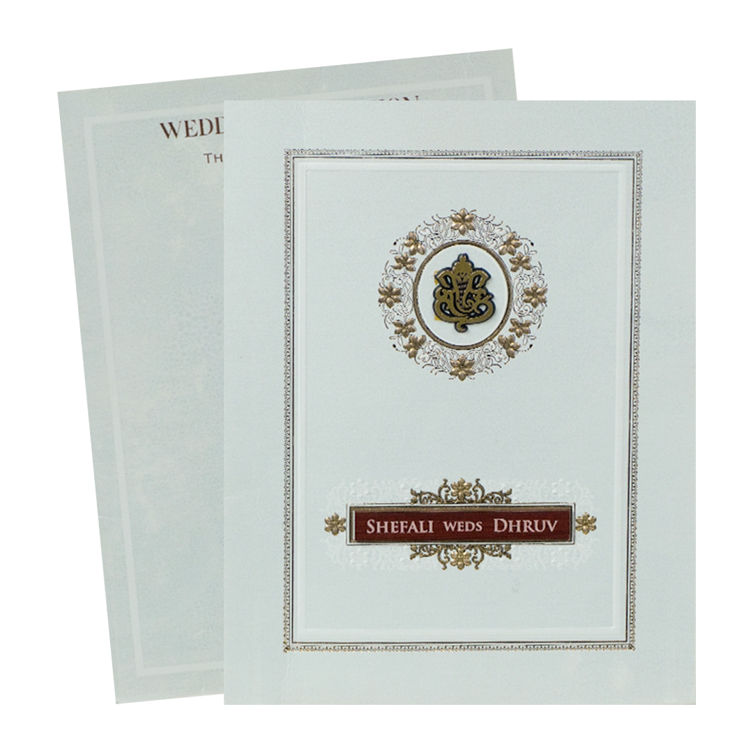 White Embossed Ganesha Wedding card-KRE28470
