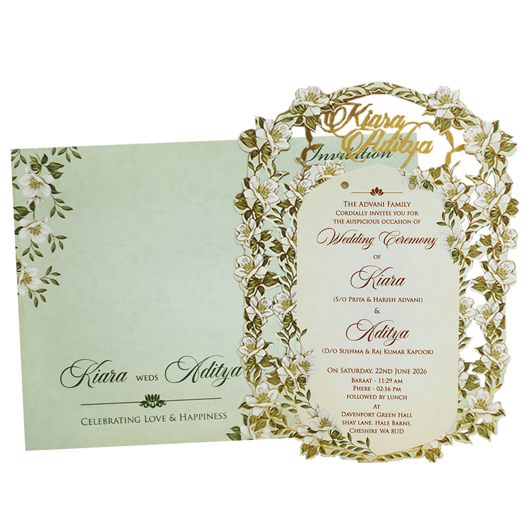 Green Gold Floral Laser-Cut Wedding Card-KFR16040