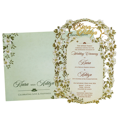 Green Gold Floral Laser-Cut Wedding Card-KFR16040