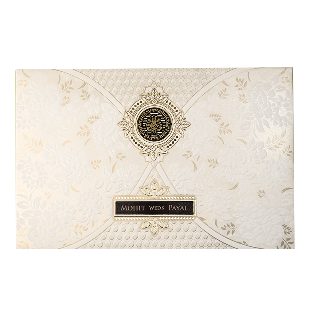 White Ganesha Floral Padded Wedding Card-KSH73530