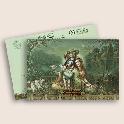 Green Lord Krishna Radha Padded Wedding Card - KSH18820