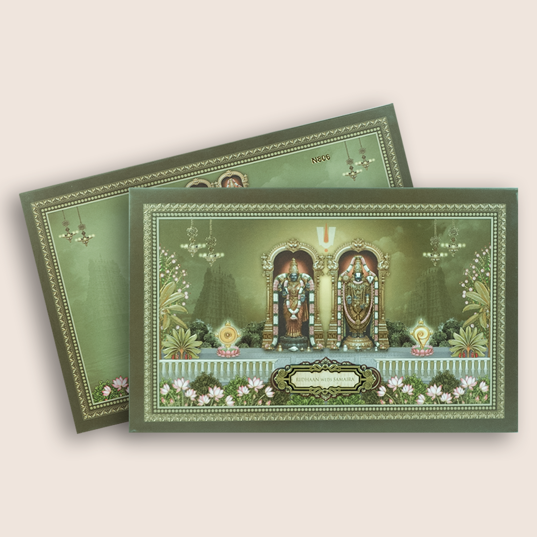 Green Lord Balaji Padmavathi Padded Marriage Card - KVN08060