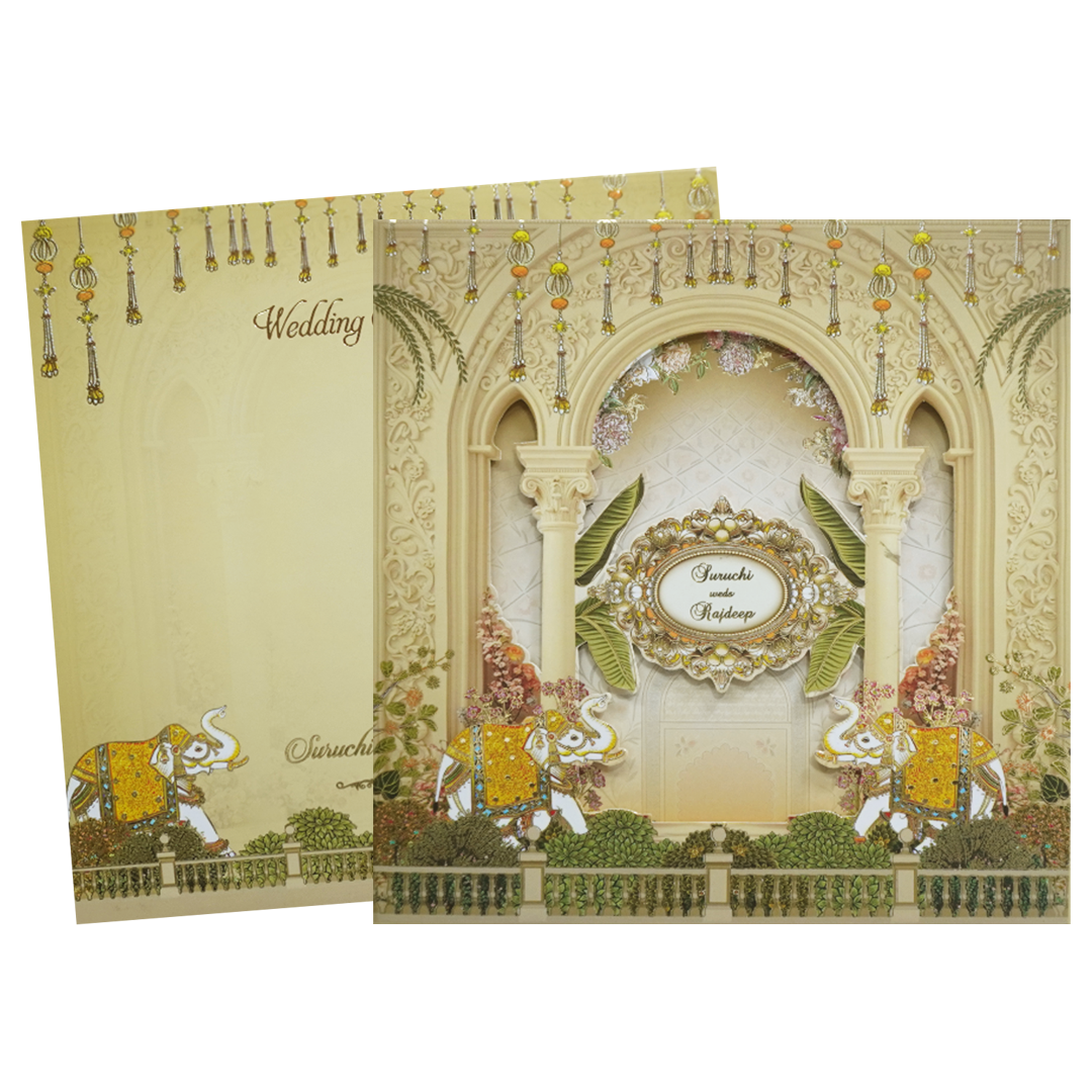 Yellow Cream Embossed Laser Cut Padded Wedding Card-KMMEX8180