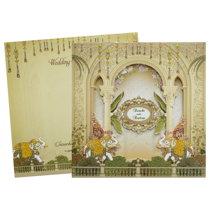 Yellow Cream Embossed Laser Cut Padded Wedding Card-KMMEX8180