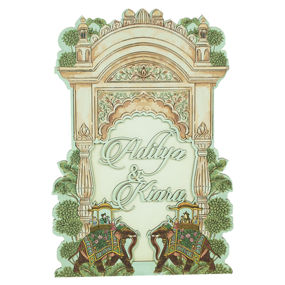 Mint Green Palace Elephant Laser Cut Wedding Card - KFR15130