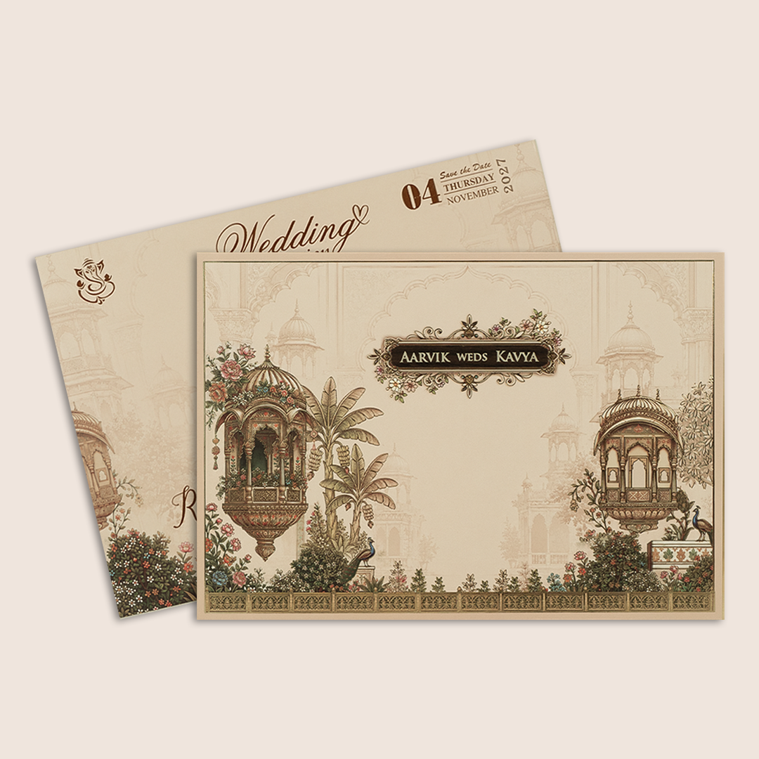 Pastel Pink Floral Jharokha Padded Wedding Invitation - KSH18230