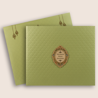 Green Embossed Floral Padded Wedding card - KRB10391