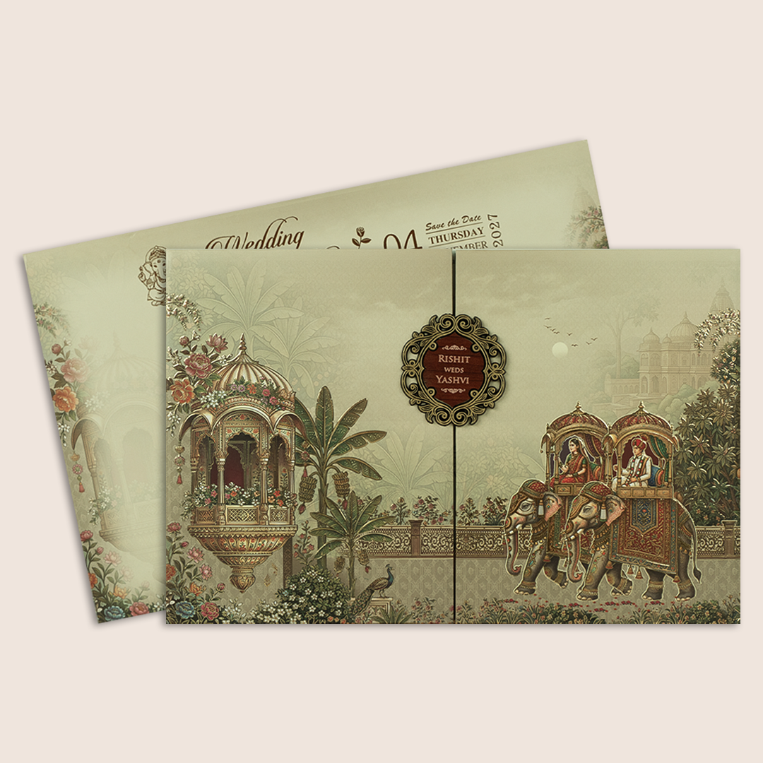 Beige Embossed Royal Baraat Door Padded Marriage Card - KSH18140