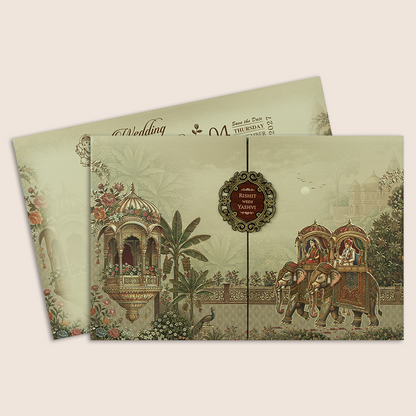 Beige Embossed Royal Baraat Door Padded Marriage Card - KSH18140
