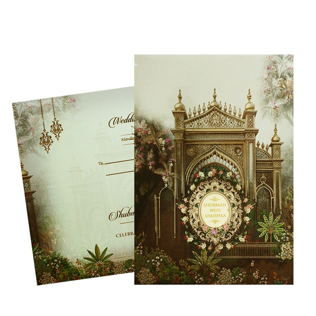 Cream  Palace Gate Royal Padded Gold Foil Wedding Invitation Card-KRB09550