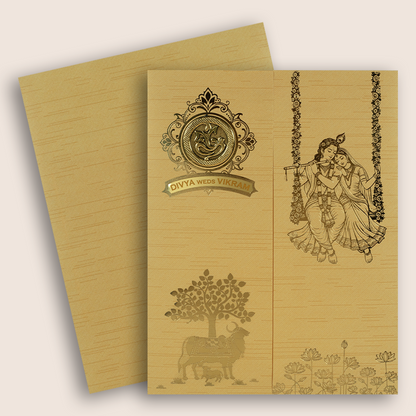 Yellow Lord Radha Krishna Floral Door Style Wedding Card - KNKR5038G