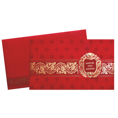 Red Gold Floral Border Wedding Invitation Card-KPR06410