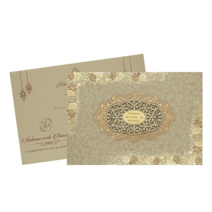 Beige Padded Embossed Floral Wedding Invitation Card-KRB09792