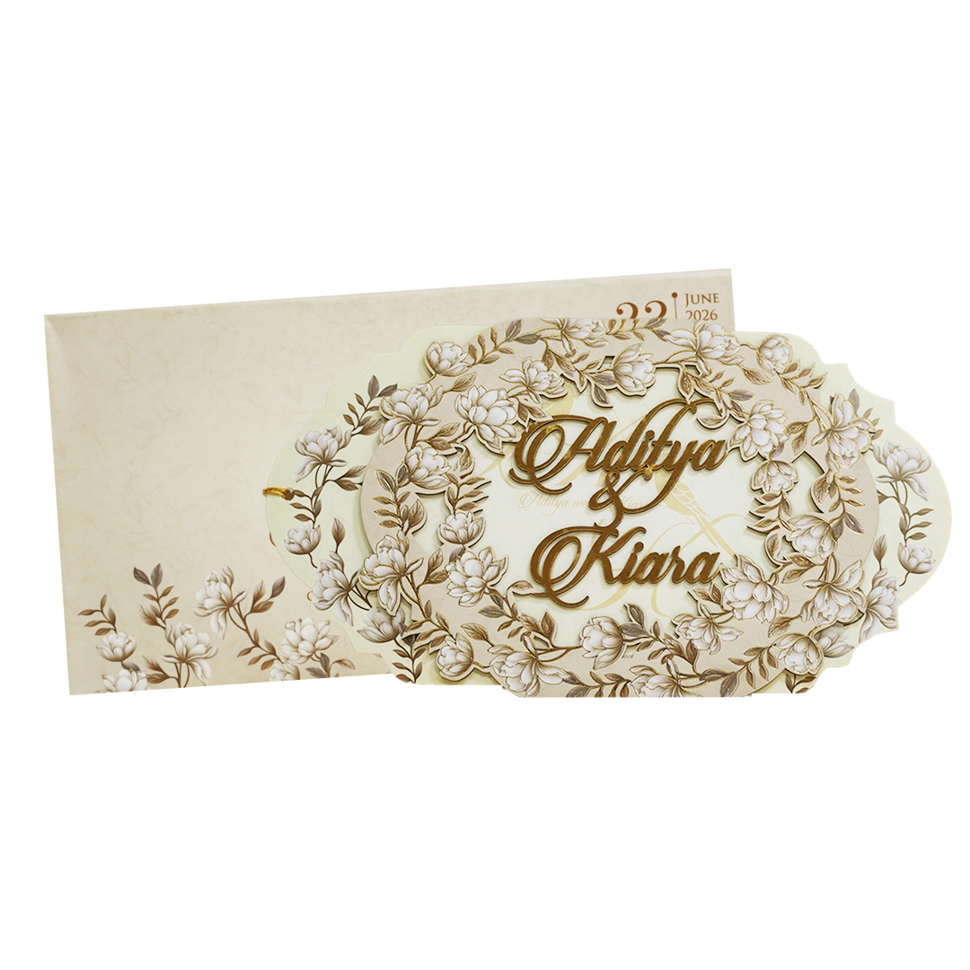 Cream Gold Floral Laser-Cut Wedding Card-KFR16150
