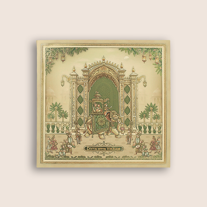 Beige Royal Elephant Palace Wedding Card - KNKD8116