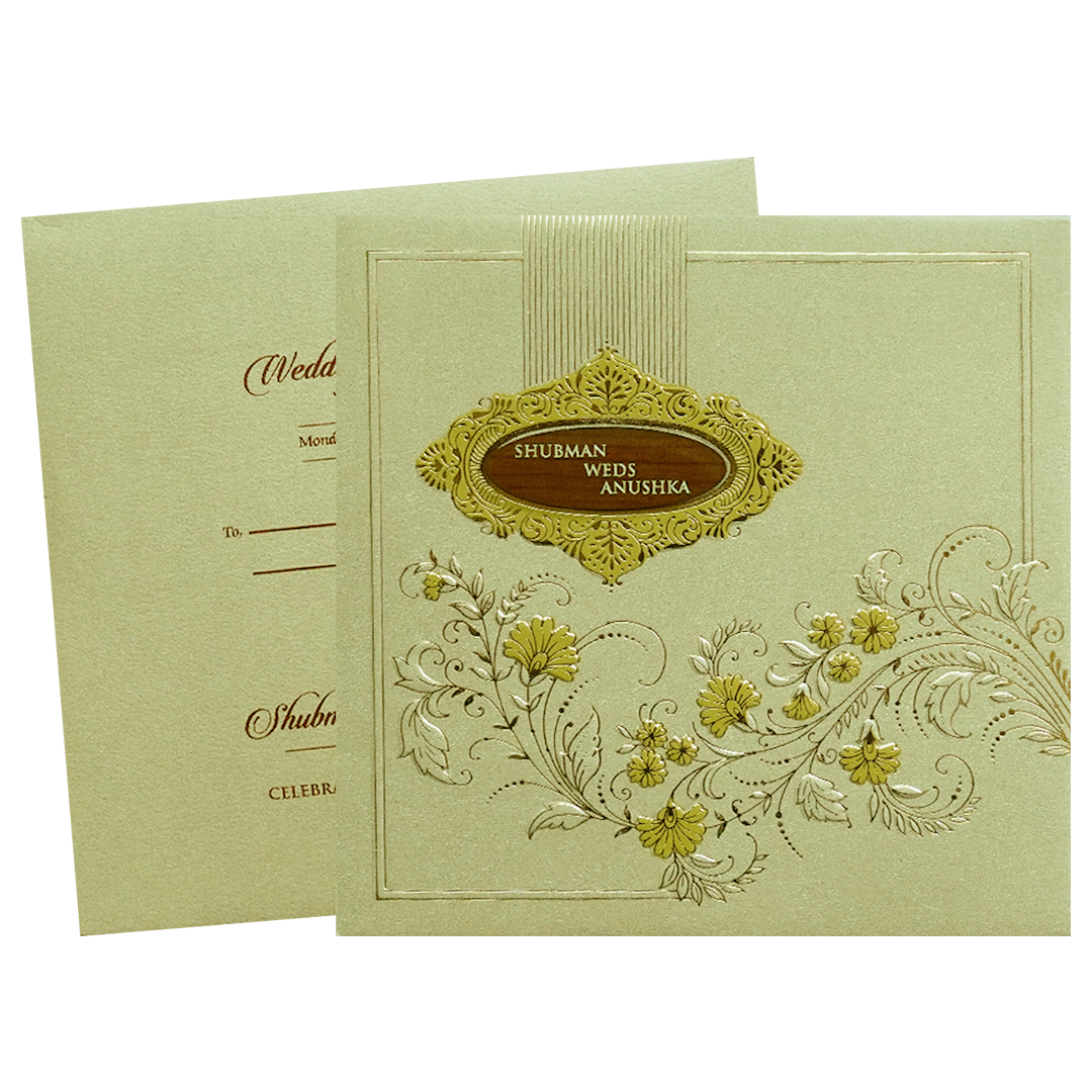 Ivory Padded Gold Foil Embossed Wedding Invitation Card-KRB09581