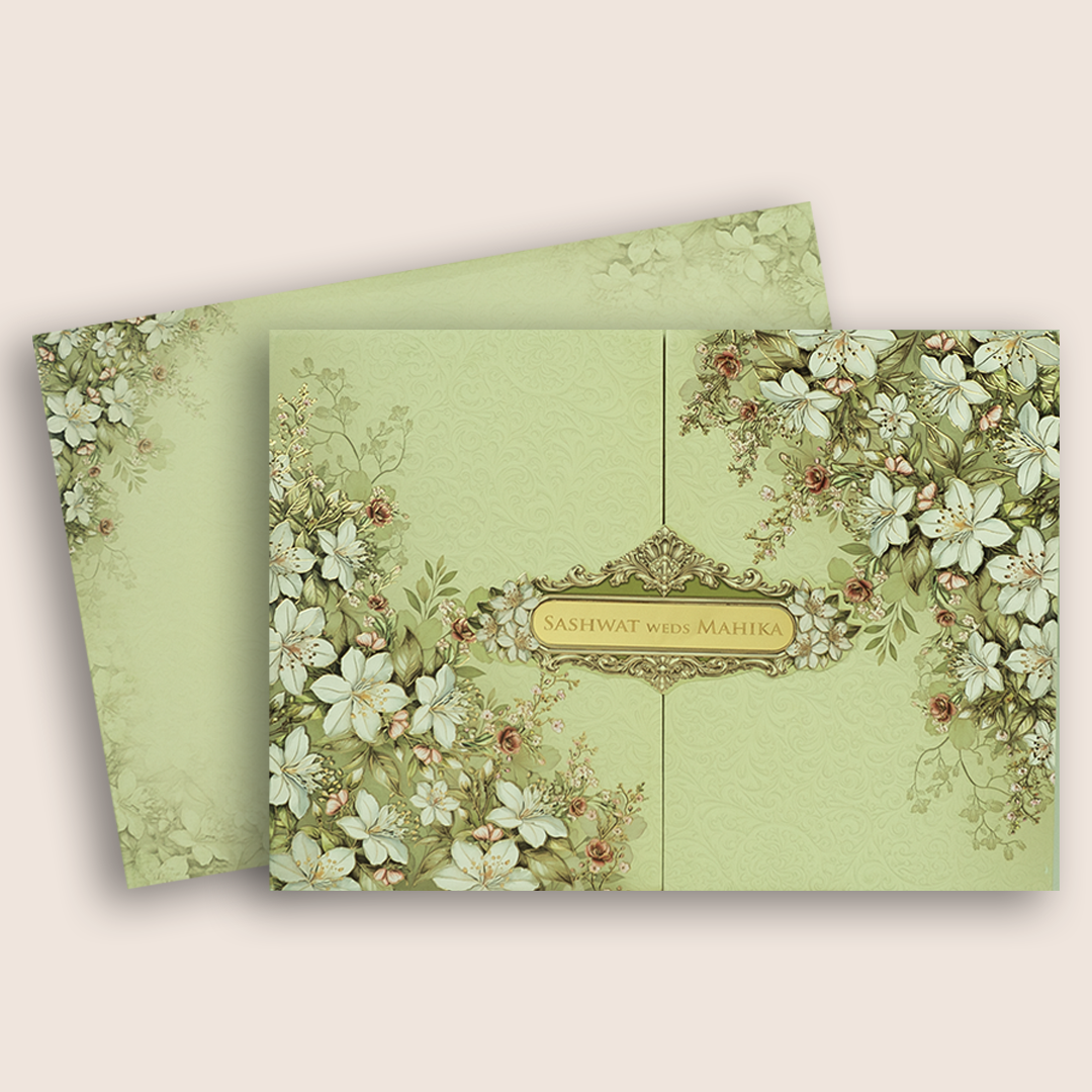 Pista Green Floral Door Style Padded Wedding Card - KRE28790