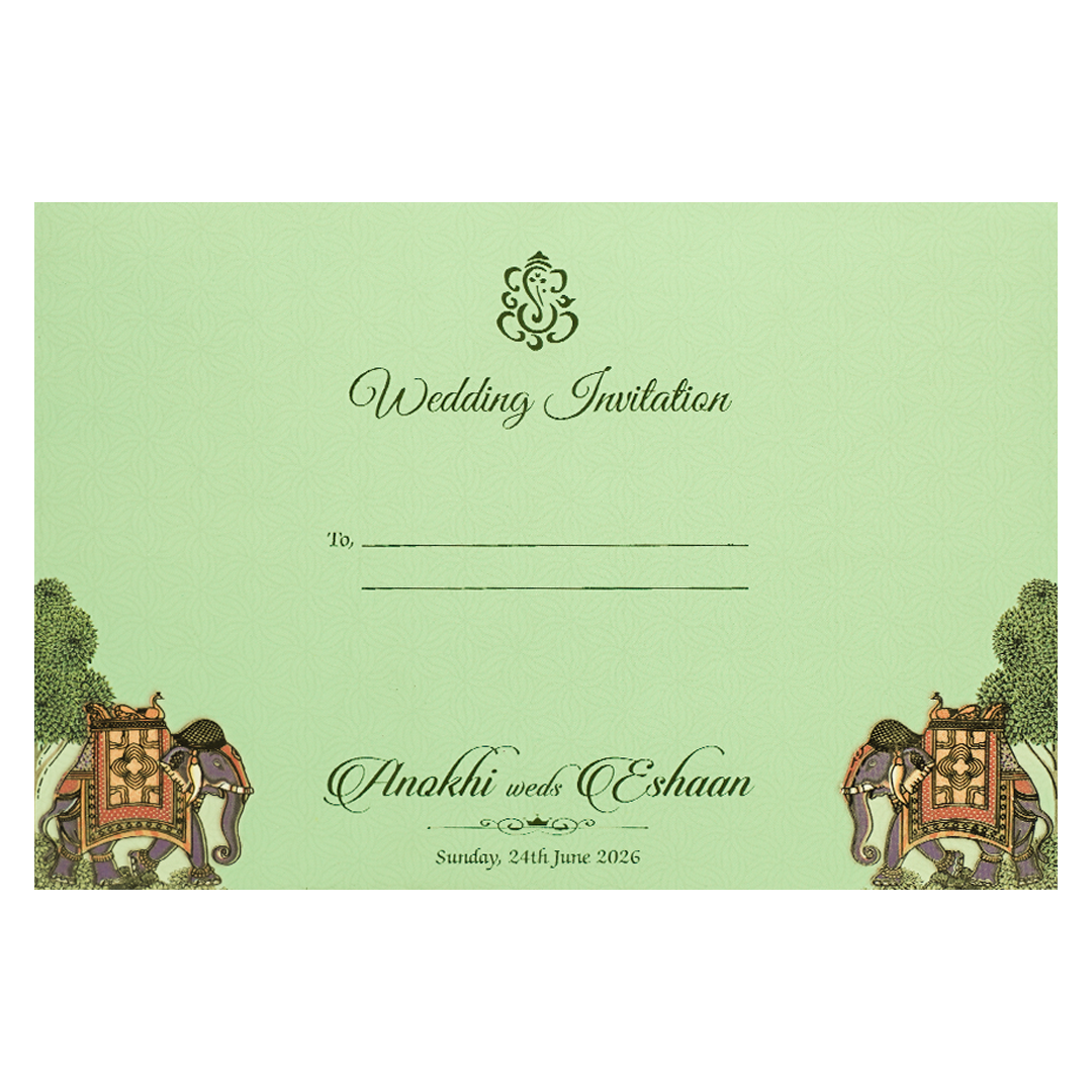 Green Royal Elephant Padded Wedding Card-KJTS3671