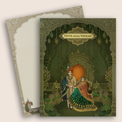 Green Royal Bride Groom Floral Wedding Card - KNKJ1165