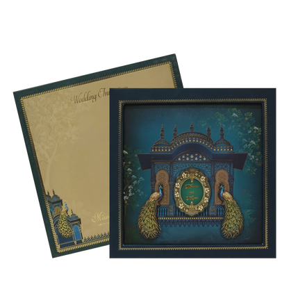 Royal Blue Gold Palace Peacock Padded Wedding Card - KMMEX8020