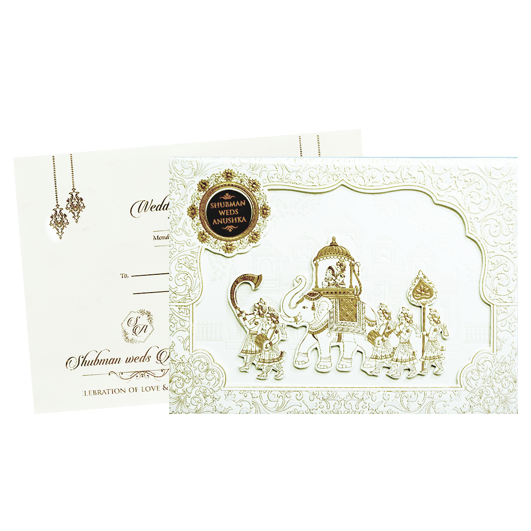 White Padded Wedding Invitation Card with Raised Gold Embossed Design-KRB09781