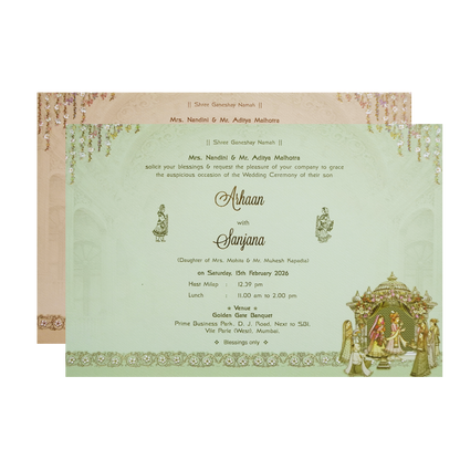 Green Gold Royal Palace Bride &amp; Groom Padded Wedding Card - KMMEX8080